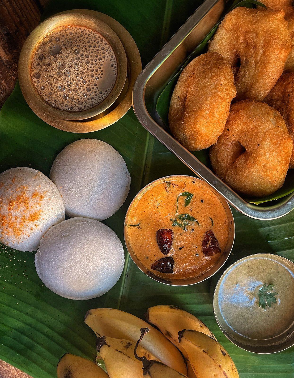 South Indian idli and vada served with sambhar and chutney